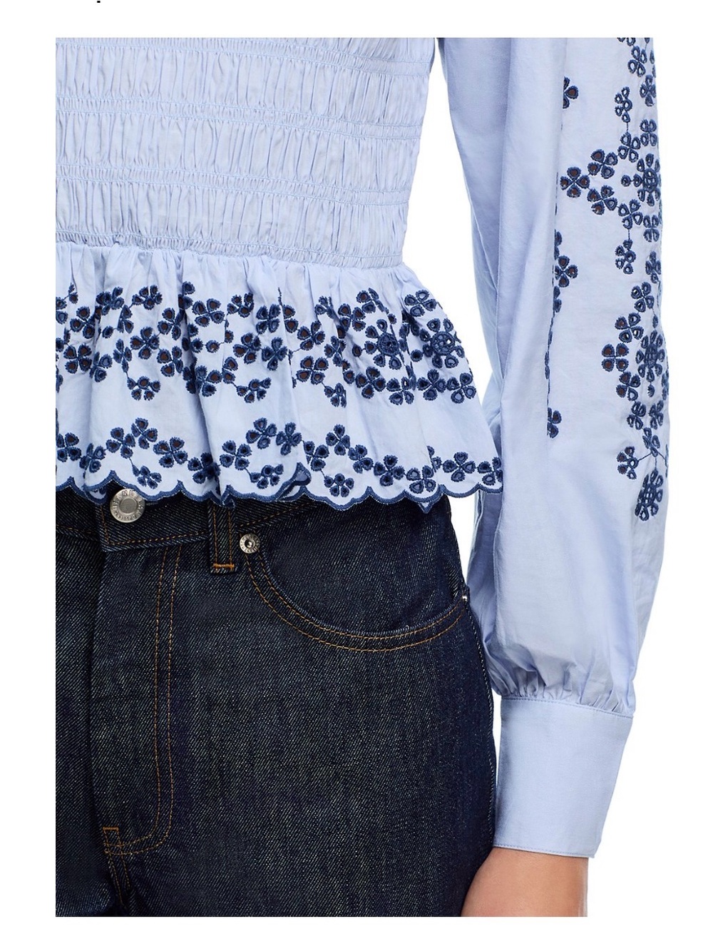 Rails Light Blue Smocked Peplum Blouse with Navy Floral Embroidery